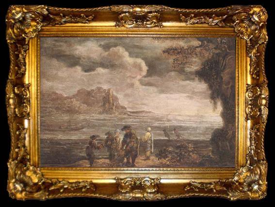 framed  unknow artist A coastal landscape with fishermen drawing in their nets, ta009-2